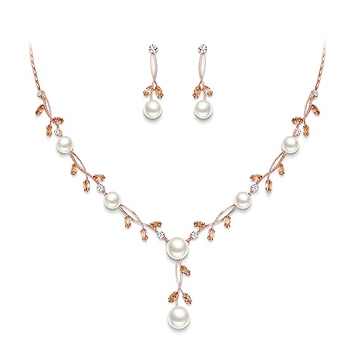 EVER FAITH Cubic Zirconia Pearl Leaf Vine Wedding Jewelry Set for Bride | Crystal Filigree Bridal Necklace Earrings, for Women Bridesmaid - color: 2pcs_Champagne Rose Gold-Plated-Brass