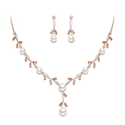 EVER FAITH Cubic Zirconia Pearl Leaf Vine Wedding Jewelry Set for Bride | Crystal Filigree Bridal Necklace Earrings, for Women Bridesmaid - color: 2pcs_Champagne Rose Gold-Plated-Brass
