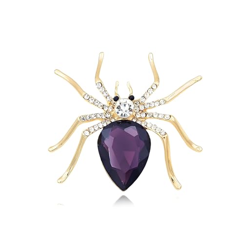Halloween Spider Crystal Pins for Women Men Vintage Gold Plated Sapphire Blue Red Rhinestone Spider Lapel Pin Gothic Punk Style Reptile Animal Brooch Halloween Party Jewelry Gifts - color: dark-purple