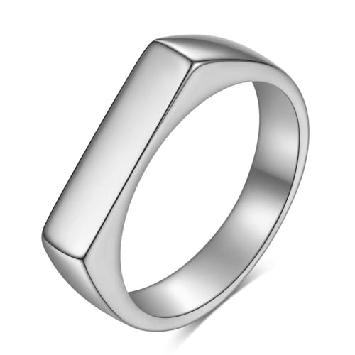 Stainless Steel Square Signet Rings for Men Women Gold/Silver Plain Pinky Thumb Ring, Gift for Dad Husband - color: Rectangle Silver