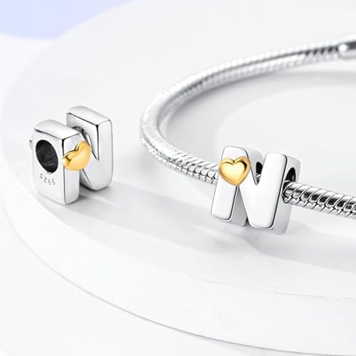 Two-Tone Gold Heart S925 Silver Letter Charm Fits Pandora Bracelet Necklace | Initial Bead Two-Tone Gold Heart, DIY European Bracelet Accessory, Gift for Ladies Birthday Anniversary Valentine - style: N