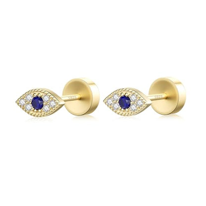 JIAYIQI Minimalist 925 Sterling Silver Stud Earrings Set, 14K Gold Plated Hypoallergenic Tiny Bar Dot Heart Star Studs for Women & Men - style: Gold-Evil Eye-Flatback-1 Pair