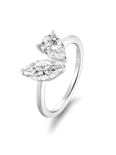 FWM 2 Carat Moissanite Toi Et Moi Open Ring for Women, Adjustable Engagement Wedding Ring, Solid Sterling Silver With Gold Plated, Anniversary Birthday Christmas Valentines Jewelry Gift - color: White Gold, size: 9