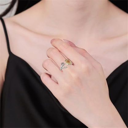 Hebelee Rotatable CZ Sunflower Spinner Ring for Women Fashion Crystal Rotating Flower Stackable Statement Open Wrap Finger Rings Comfort Fit Adjustable Fidget Anxiety Relieving Stress Jewelry - color: Sunflower