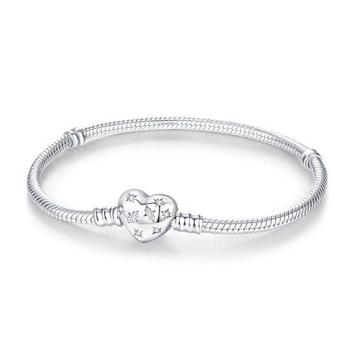 925 Sterling Silver Charm Bracelet for Women Snake Chain Dog Paw Print Clover Horseshoe Heart Moments European Bracelet Jewelry Gift, 16.0 Centimeters