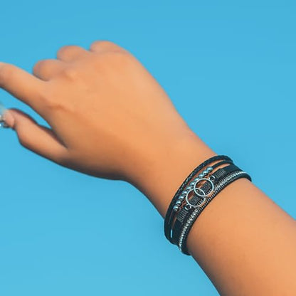 Chunky Boho Leather Wrap Bracelets Cowgirl Beaded Circle Western Jewelry | Stackable Infinity Layered Bohemian Magnetic Clasp Cuff Statement Fashion Colorful Country Hippie Outfits for Women Trendy - color: Black