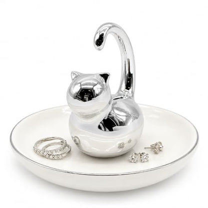 Cat Ring Holder Jewelry Dish–White & Silver Fat Cat Ceramic Trinket Tray,Birthday,Wedding,Graduation Gift for Women & Girls,Rings Earrings Necklaces Bracelets–Vanity,Nightstand,Dresser,Bathroom - color: Fat Cat
