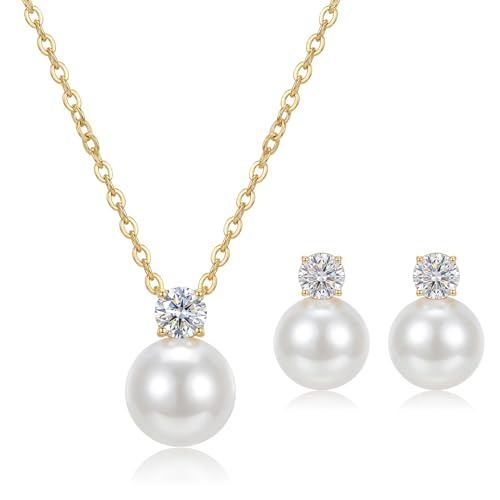 Gold Jewelry Sets for Women, Gold Pearl Dangle Earrings Bracelets Necklaces Set, Women's Jewelry Gifts for Women Wife - style: Gold Pearl Rhinestone Necklace Set-2PCS