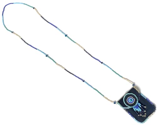 Mia Jewel Shop Authentic Leather Suede Medicine Pouch Seed Bead Fringe Dangle Necklace - Womens Fashion Handmade Bags Boho Travel Accessories - color: Dark Blue