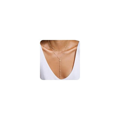 14K Gold Plated Layered Lariat Necklace for Women - Waterproof Non-Tarnish Dainty Gold Chain Necklace, Long Boho Statement Jewelry for Wedding, Prom, Summer Vacation Gifts - color: Layered Beads Y Necklace-Gold