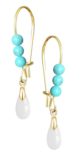 Natural Waterdrop Stone Drop Earrings,Gold Plated Real Genuine Teardrop Crystal Quartz Gemstone Pin Hoop Earrings Hooks Statement Dangle Dangling Earrings for Women Her - color: A04_White Agate