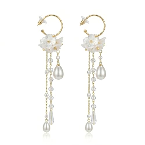 Kruckel Long Dangle Earrings for Women, White Floral Pearl-Inspired | Pearl Drop Earrings, Lightweight Gold-Tone Jewelry for Weddings, Parties, Bridesmaids, Birthdays and Occasion Gifts - color: white