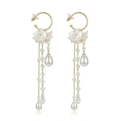 Kruckel Long Dangle Earrings for Women, White Floral Pearl-Inspired | Pearl Drop Earrings, Lightweight Gold-Tone Jewelry for Weddings, Parties, Bridesmaids, Birthdays and Occasion Gifts - color: white