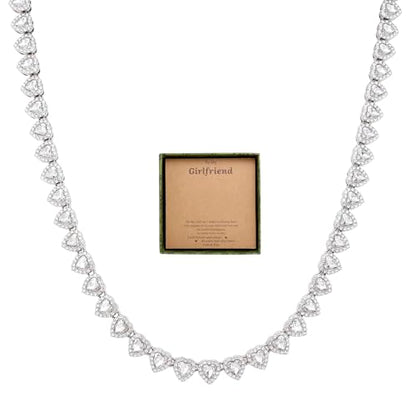 fasone Rhinestone Hearts Necklace, Iced Out Hearts Jewelry，Silver Tennis Necklace For Women，Tennis Necklaces For Women, Heart Tennis Necklace - color: White _15.7in LOVE