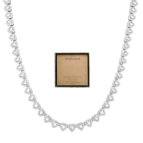 fasone Rhinestone Hearts Necklace, Iced Out Hearts Jewelry，Silver Tennis Necklace For Women，Tennis Necklaces For Women, Heart Tennis Necklace - color: White _15.7in LOVE