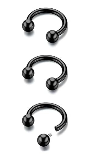 G23 Titanium 14/16/18/20G Septum Rings Horseshoe Nose Ring Jewelry | 2/3Pcs Circular Barbell Spike Lip Body Piercing Jewelry Conch Helix Tragus Earring Silver/Black 8/10/12mm 14K Gold Plated - color: Black-3pcs, size: Balls-3pcs-20g-8mm