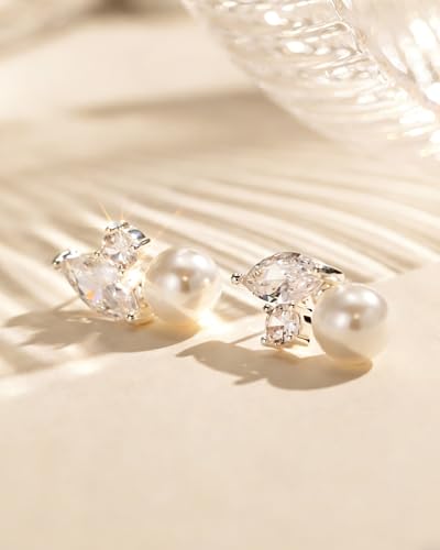 Pearl Earrings - 14k Gold or White Gold Plated Sparkle Cubic Zirconia Dainty Pearl Stud Earrings for Women Wedding Party Bridal - color: silver CZ pearl