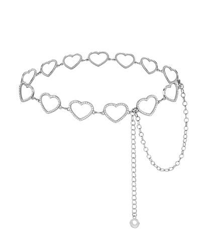 AWAYTR Gold Silver Waist Chain Belt for Women - Cowgirl Style for Dresses | Adjustable Metal Belt Design for Ladies, Ideal for Dresses, Jeans, Parties and Country Concerts - color: Silver-heart