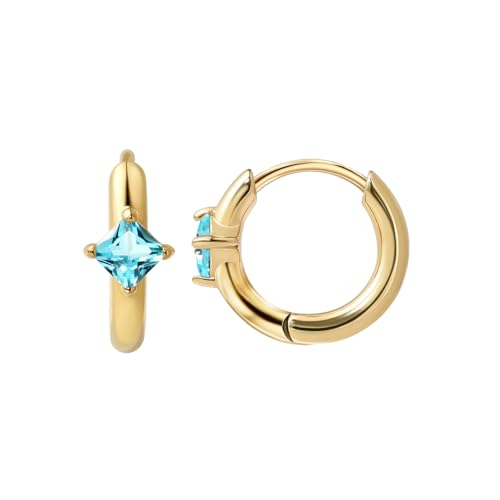 316L Surgical Steel Birthstone Hoop Earrings for Women | Lightweight, 5A Cubic Zirconia, Hypoallergenic, Lead & Nickel Free, 8mm Huggie Hoops - color: 18k gold-plated: 03. March (Aquamarine)