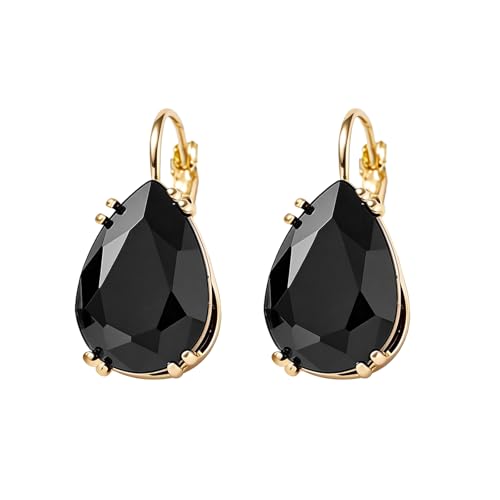 Gold Tone Teardrop Crystal Leverback Earrings Black and Metallic Earrings for Women Specific Rhinestone Water Droplet Dangle Drop Jewelry Black Teardrop Party Gifts