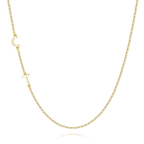 M MOOHAM Sideways Two Initial Necklaces for Women Girls Birthday Gifts | Dainty 14K Gold-Plated, Custom Initial Necklace, Letter Necklace Jewelry, Birthday Gifts for Women Wife Mom Sister Friends - color: initial C & initial T