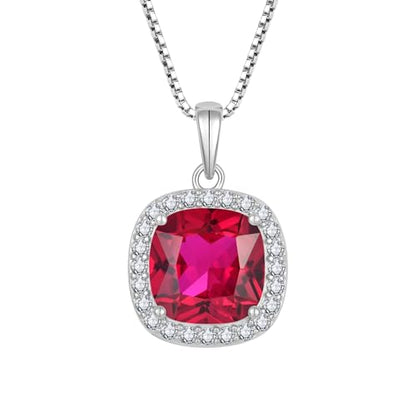 Birthstone Necklace for Women 925 Sterling Silver Princess Cut Halo Necklace Pendant Jewelry for Mom Wife - color: Red
