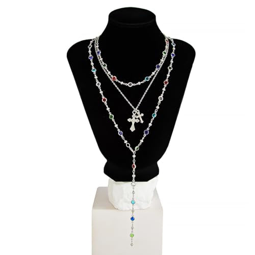 Silvery Layered Necklace for Women, Y Necklace with Cross Pendant, Dainty Stackable Jewelry Gift for Everyday Wear - style: 3PCS - Colorful Chain&2 Cross&Colorful Chain