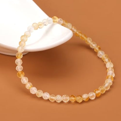 Natural Faceted Crystal Bracelet for Women,4mm Gemstone Round Beads Bracelets Adjustable Stretchy Healing Crystal Beads Bracelets Dainty Jewelry Gift - color: Citrine