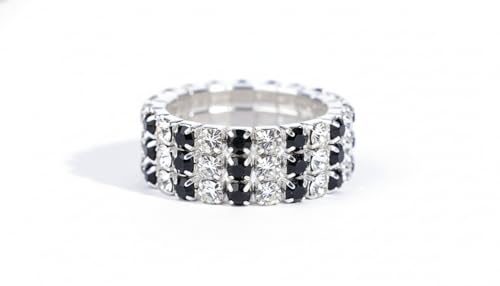 Sparkling Rhinestone Ring Set Trendy Elastic Rhinestone Crystal Stretch Ring Stackable Jewelry for Women Girls - color: 3 Rows Ring-White+Black