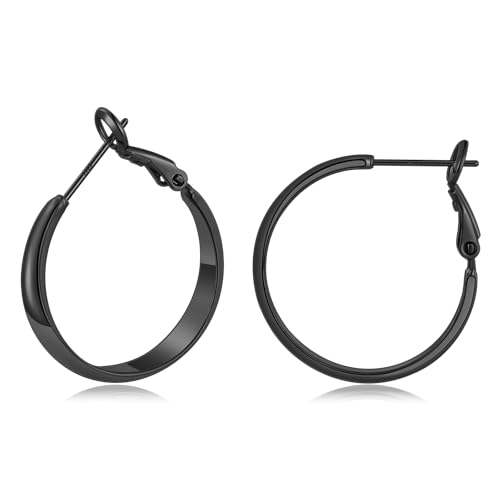 Gacimy 5mm Wide Gold Hoop Earrings for Women, 14K Gold Plated Hoops with 925 Sterling Silver Post, Hypoallergenic Earrings for Women - color: Black, size: 25mm