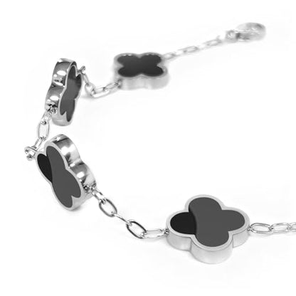 Four Leaf Clover Bracelet 18K Gold Plated Bracelets for Women Lucky Flower Design Stainless Steel Hypoallergenic Link Chain Adjustable Dainty Trendy Jewelry Gifts for Women - color: Silver Black+White