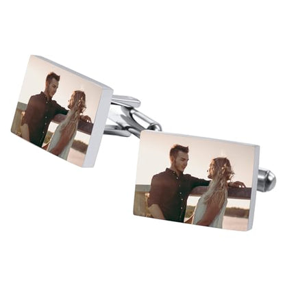 Classic Stainless Steel Cufflinks for Men Personalized Initial/Date/Photo Silver Mens Cufflinks Gift for Husband Groomsmen Groom Father of the Bride - color: Rectangle (Photo)
