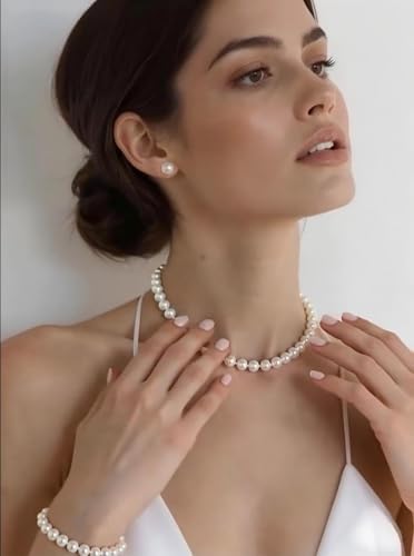 8mm Faux Pearl Necklace Set, Bracelet Earrings for Women & Girls | Glass Material, Handmade Jewelry Detail, Party & Formal Event Style - style: White 14.5 inches