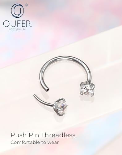 OUFER 2PCS 316L Surgical Steel Horseshoe Nose Rings Hoops, 20G Push Pin Threadless Nose Rings For Women Men, Double Crystal Horseshoe Septum Lip Eyebrow Helix Daith Ear Piercing Jewelry-7mm and 8mm - color: Silver, Clear CZ