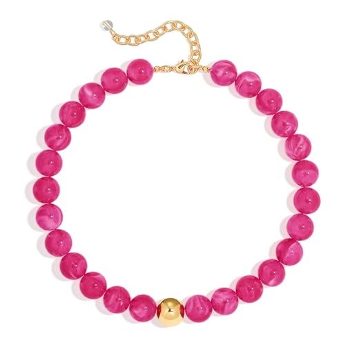 Chunky Beaded Necklace for Women Boho Statement Bead Necklace | Adjustable, Lightweight Choker, Round/Oval/Pebble Beads, Trendy Summer Beach Jewelry - color: Hot Pink-B