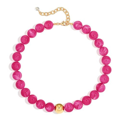 Chunky Beaded Necklace for Women Boho Statement Bead Necklace | Adjustable, Lightweight Choker, Round/Oval/Pebble Beads, Trendy Summer Beach Jewelry - color: Hot Pink-B