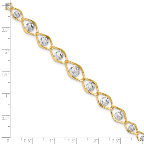 Diamond2Deal 14K Two-tone Gold Polished with Diamond-cut Beads Fancy Bracelet 7.5"