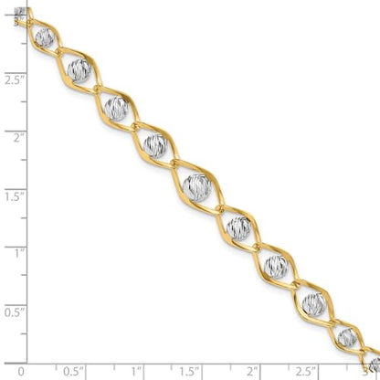 Diamond2Deal 14K Two-tone Gold Polished with Diamond-cut Beads Fancy Bracelet 7.5"