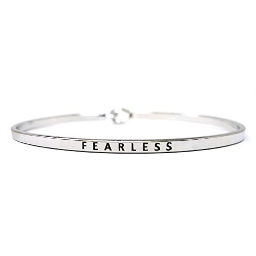 by you Inspirational Positive Message Engraved Thin Cuff Bangle Hook Bracelet - color: Fearless-Silver