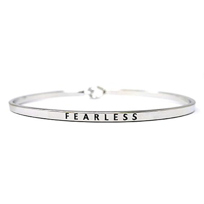 by you Inspirational Positive Message Engraved Thin Cuff Bangle Hook Bracelet - color: Fearless-Silver