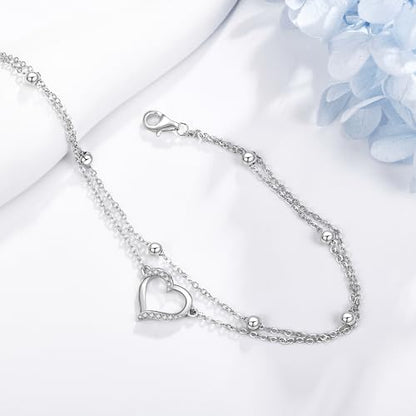 POPLYKE 925 Sterling Silver Double Layered Chain Evil Eye Daisy Sunflower Butterfly Anklets for Women Holiday Beach Crystal Ankle Bracelet Dainty Evil Eye Jewelry - style: Heart Anklet