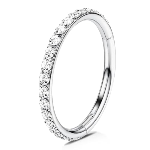 WBRWP 316L Stainless Steel Nose Hoop Rings Clicker with Zircon/Opal 14g-20g | Hypoallergenic Nose Rings Segment Clicker Lip Rings Cartilage Rook Conch Earrings Diameter 5mm-10mm - color: Silver ring with zircon -1pc Pack