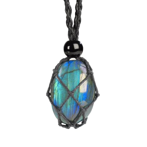 Handwoven Natural Gemstone Crystal Cage Pendant Necklace, Crystal Necklaces for Women Stone Holder Necklace Cord - color: Labradorite