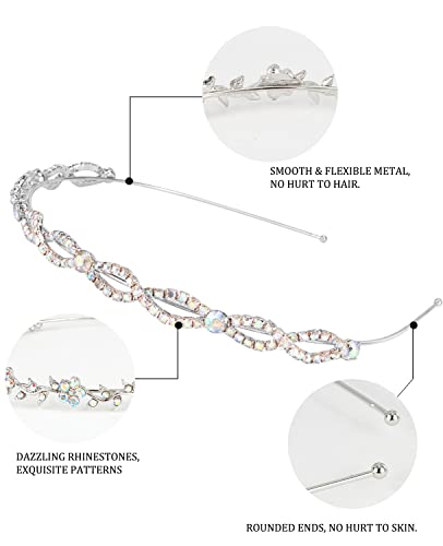 Wecoe 4 Pack AB Rhinestone Headbands Silver Metal Headbands Flower Girl Bridal Wedding Headband Crystal Headpieces Flower Leaf Butterfly Headband Formal Hair Accessories For Women Girls Gifts - color: Silver band & AB rhinestones