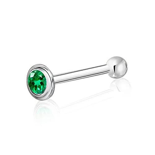 Massete 18k 14k Gold Nose Ring - 20g Nose Stud, Hypoallergenic Threadless Piercings for Women Men, Yellow White Rose Real Gold Standard or Long Nose Rings Studs, CZ or Ball Nose Piercing Jewelry - color: Simulated Emerald - 14k White Gold, size: Standard