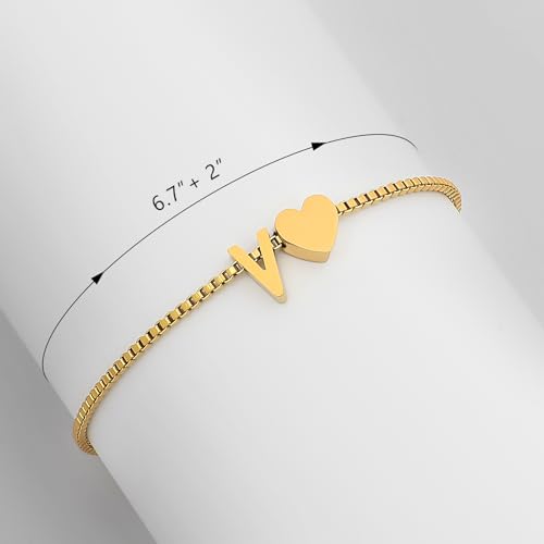 Gold Initial Bracelet for Women Dainty Personalized Name Bracelet | 14K Gold Plated, Letter A-Z Bracelet, Tiny Gold Initial Cute Heart Bracelet Jewelry Gift - color: V