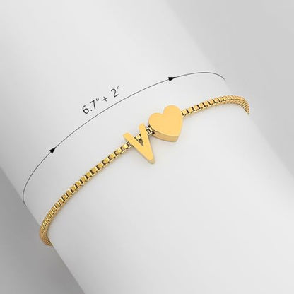 Gold Initial Bracelet for Women Dainty Personalized Name Bracelet | 14K Gold Plated, Letter A-Z Bracelet, Tiny Gold Initial Cute Heart Bracelet Jewelry Gift - color: V