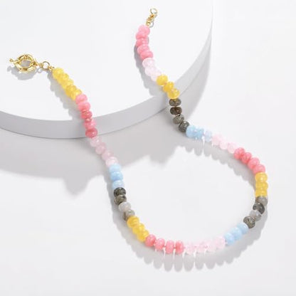 KissYan Beaded Gemstone Necklaces for Women | Colorful Bead Natural Stone Choker with 14K Gold Plated Spring Ring Clasp, Handmade Knot Jewelry for Summer Beach - color: R-Pink & Yellow