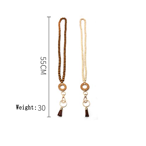 COLORFUL BLING Handmade Braided Rattan Straw Wicker Y-Shaped Long Chain Tassel Necklace Wooden Beads Statement Lanyards Pendant Necklace Women Jewelry