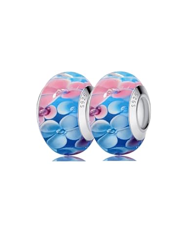 2pcs Authentic 925 Silver Murano Glass Flower Charms for Pandora Bracelets - color: 03-Pink & White flowers